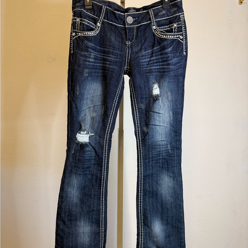 Almost Famous Blue Boot Cut Jeans with Distressing and Faded Effect